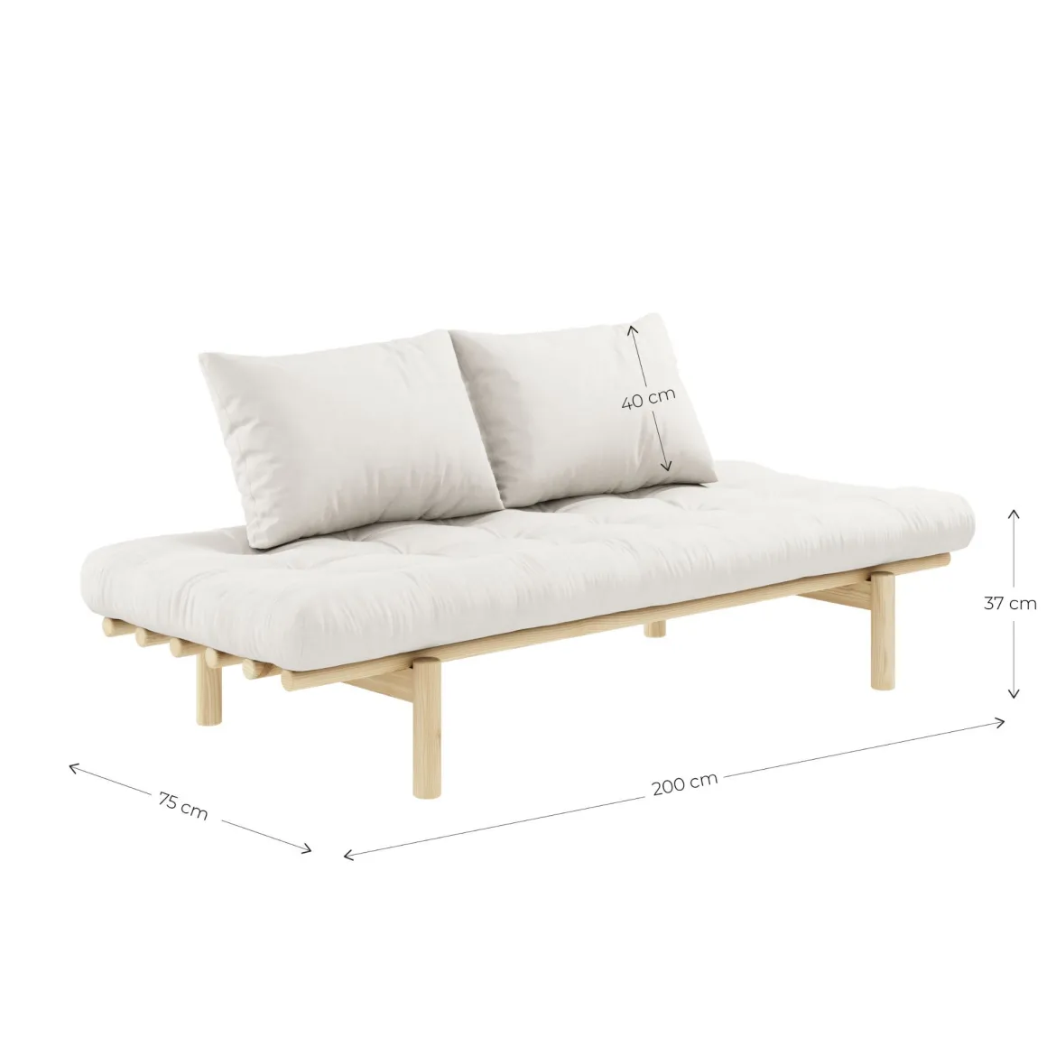Sofa PACE en pin massif naturel matelas 75x200 + coussins 40x60 inclus