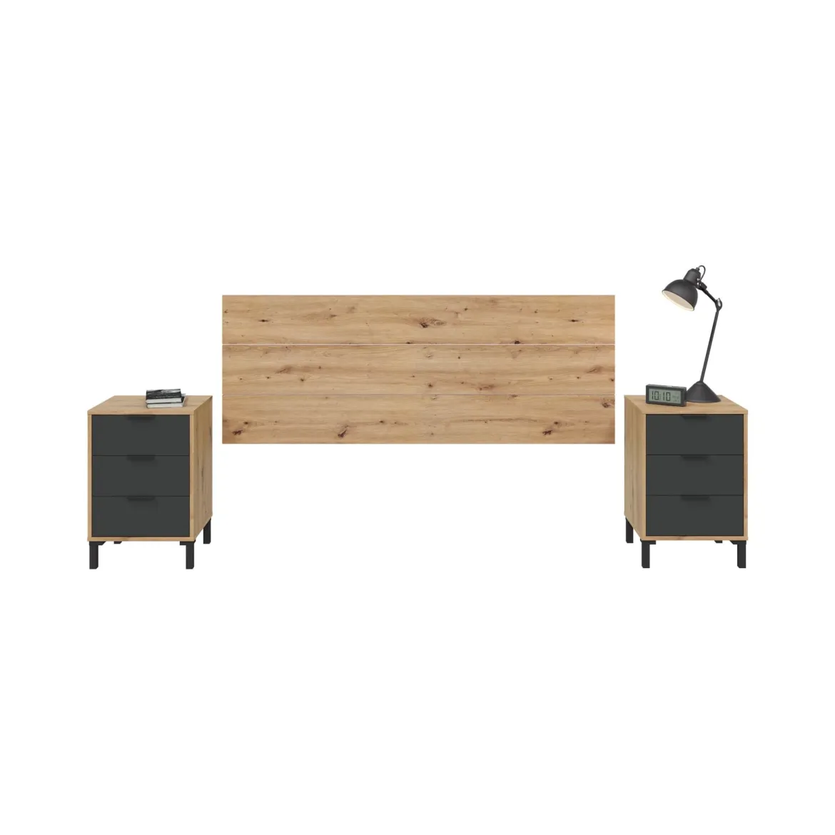 Tête de lit avec 2 chevets amovibles et 3 tiroirs - Chêne et anthracite - TL81014