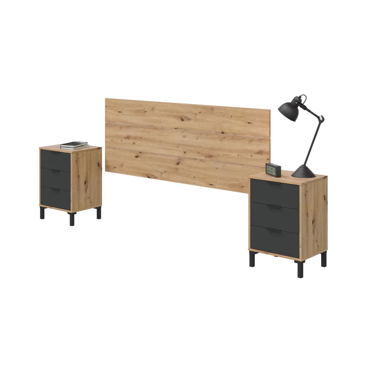 Tête de lit avec 2 chevets amovibles et 3 tiroirs - Chêne et anthracite - TL81014