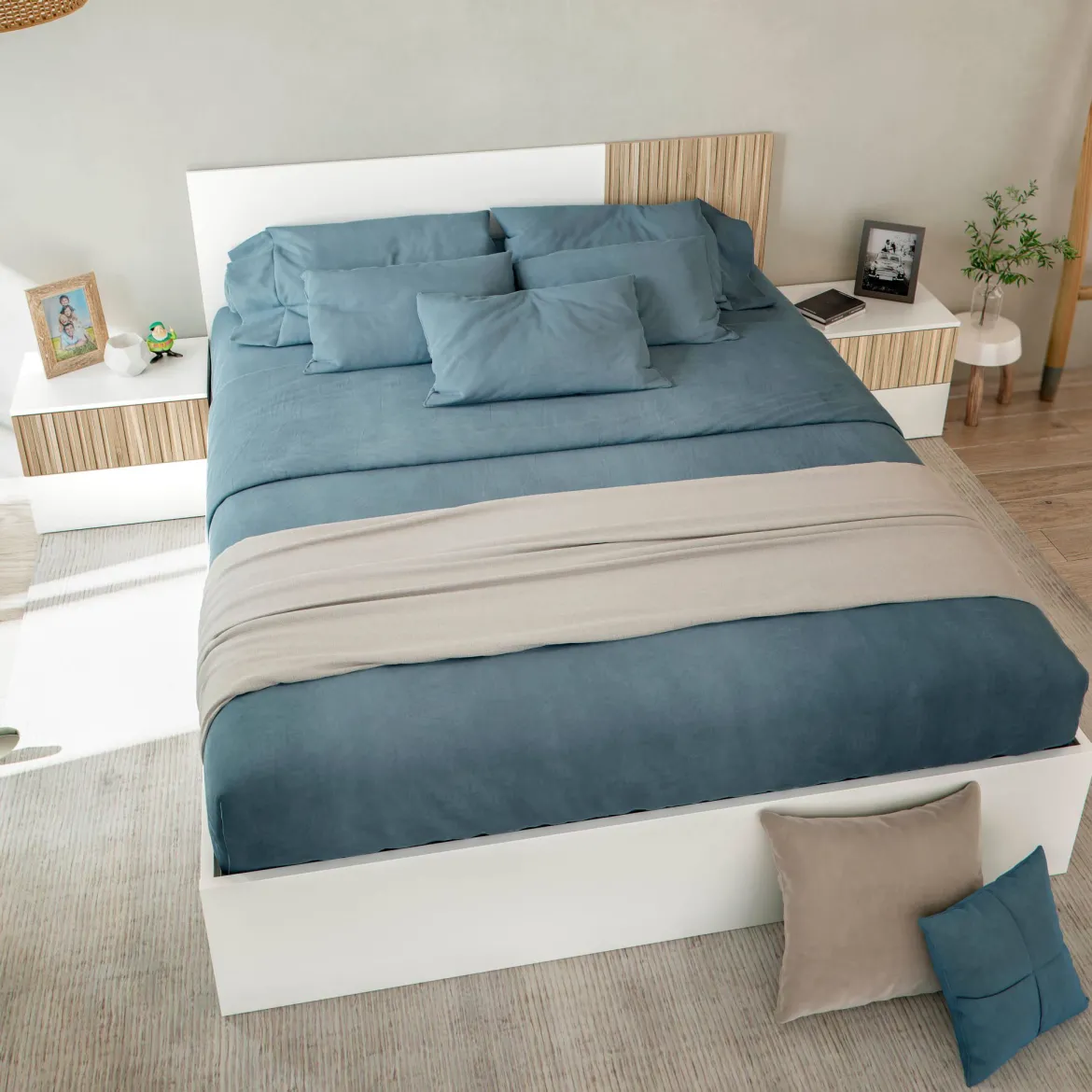 Tête de lit réversible avec 2 chevets 2 tiroirs - Blanc et bois naturel - TL81012