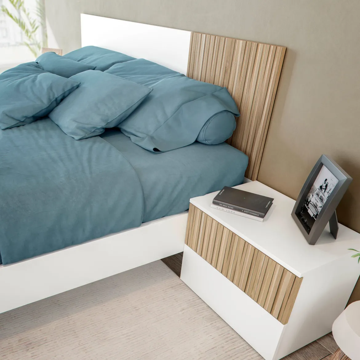 Tête de lit réversible avec 2 chevets 2 tiroirs - Blanc et bois naturel - TL81012